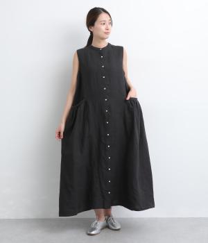 9番手リネン脇ギャザー切り替えワンピース(ブラック-F)