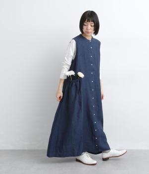 9番手リネン脇ギャザー切り替えワンピース(インディゴ-F)