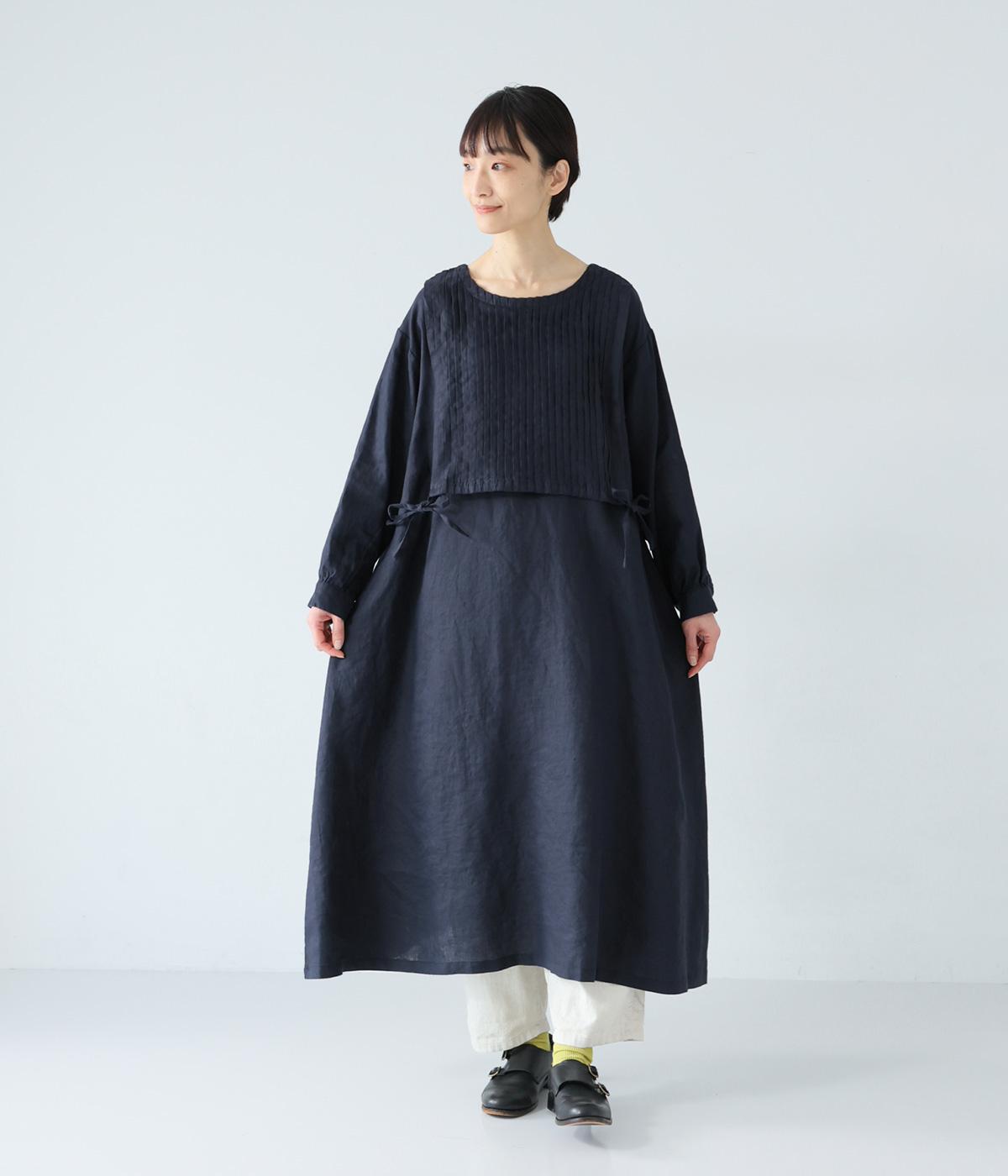 14番手リネン重ね風ピンタックワンピース(ネイビー-F)