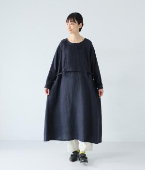 14番手リネン重ね風ピンタックワンピース(ネイビー-F)