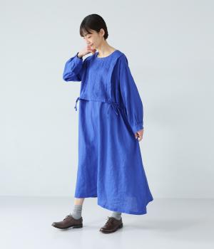 14番手リネン重ね風ピンタックワンピース(ロイヤルブルー-F)