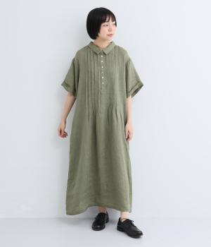 リネンシャンブレーシャツ襟付きピンタックワンピース