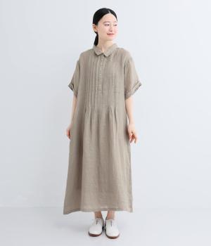 リネンシャンブレーシャツ襟付きピンタックワンピース(ベージュ-F)