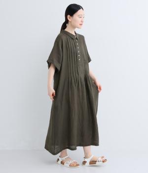 リネンシャンブレーシャツ襟付きピンタックワンピース(チャコール-F)