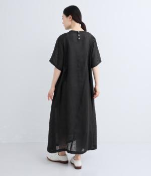 リネンシャンブレー切り替えピンタックワンピース(ブラック-F)