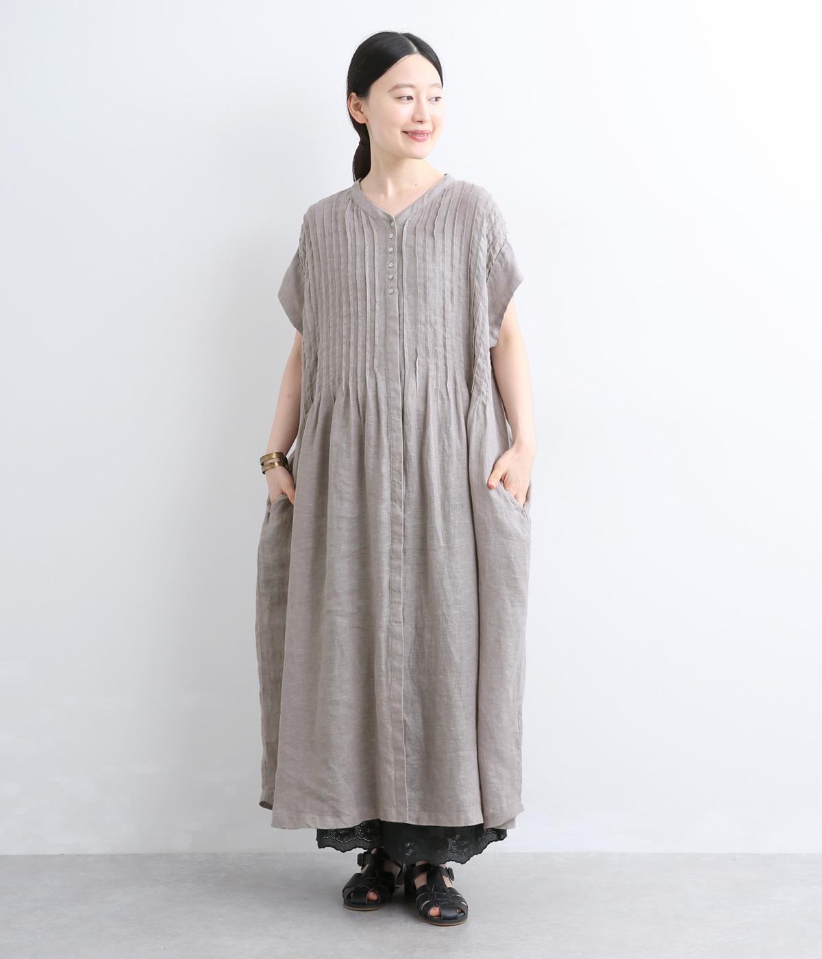 08mab ゼロハチマブ リネン シャンブレー 前ピンタック ワンピース 麻 リネンシャンブレー前あきピンタックワンピース｜08Mab（ゼロハチマブ