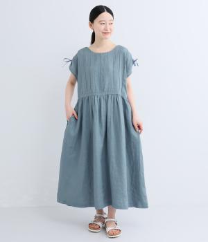 ヨーロピアンリネン　タックギャザーワンピース(アッシュブルー-F)