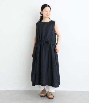 ヨーロピアンリネンウエスト調整ノースリーブワンピース(ネイビー-F)