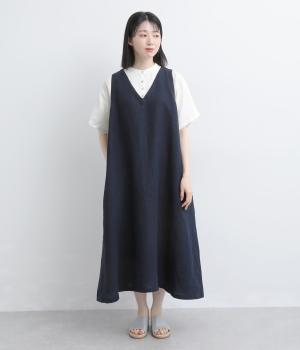 9番手リネン×14番手リネンバンド襟付きワンピース(ネイビー×オフ-F)