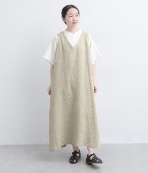 9番手リネン×14番手リネンバンド襟付きワンピース(グレージュ×オフ-F)