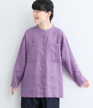 ヨーロピアンリネンピンピンタック胸ポケットブラウス(アッシュパープル-F)