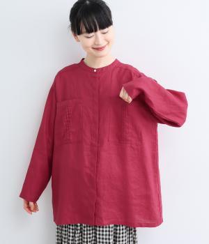 ヨーロピアンリネンピンピンタック胸ポケットブラウス(レッド-F)