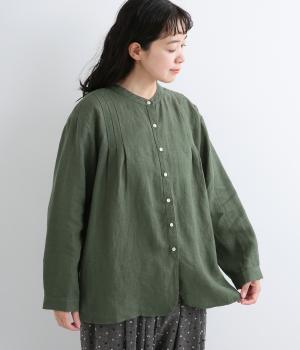 9番手リネンラウンド裾ブラウス（モスグリーン・F）