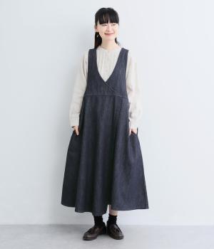 リネンコットンデニムジャンバースカート(インディゴ-F)