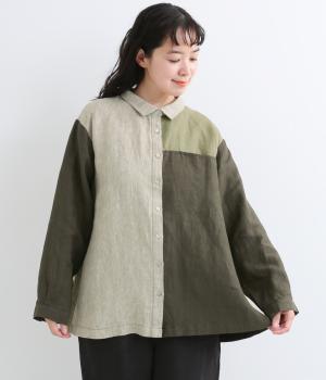 9番手リネン配色切り替えブラウス（グレージュ×チャコール×ベージュ・F）