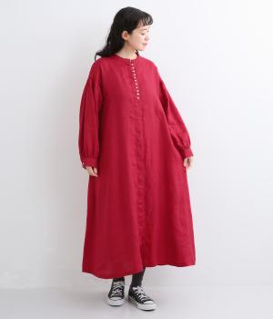 ヨーロピアンリネンボリューム袖前あきワンピース（レッド・F）