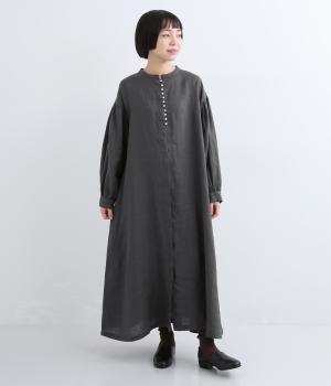 ヨーロピアンリネンボリューム袖前あきワンピース（アッシュグリーン・F）
