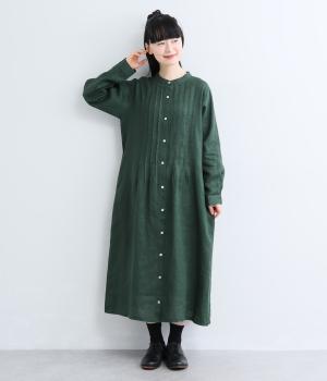 ヨーロピアンリネンスタンド襟タックワンピース(ダークグリーン-F)