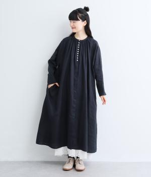 ヨーロピアンリネンラグランスリーブ前あきワンピース(ネイビー-F)