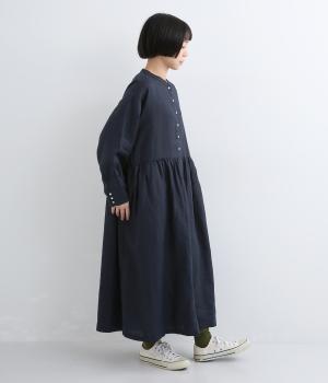 ヨーロピアンリネンギャザー前あきワンピース（ネイビー・F）