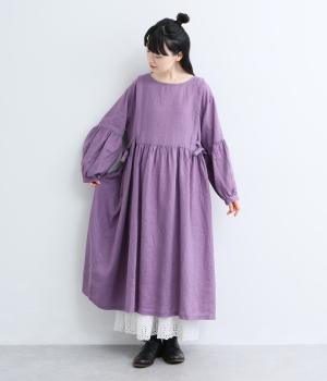 ヨーロピアンリネンサイド結びギャザーワンピース(アッシュパープル-F)
