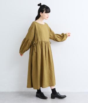ヨーロピアンリネンサイド結びギャザーワンピース(マスタード-F)
