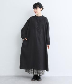 ヨーロピアンリネンヘンリーあきタックワンピース(ブラック-F)