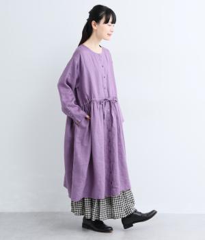 ヨーロピアンリネンウエスト結びワンピース(アッシュパープル-F)