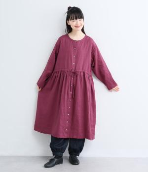 ヨーロピアンリネンウエスト結びワンピース(ワインレッド-F)