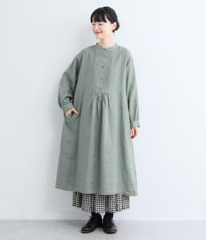 ヨーロピアンリネンバンド襟ピンタックワンピース(ダルグリーン-F)