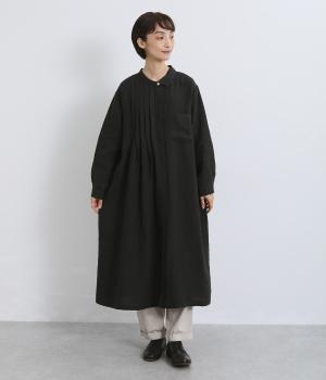 9番手リネンアシンメトリー襟付きワンピース（ブラック・F）