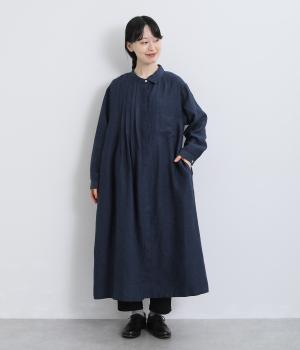 9番手リネンアシンメトリー襟付きワンピース（インディゴ・F）