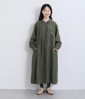 9番手リネンアシンメトリー襟付きワンピース（モスグリーン・F）