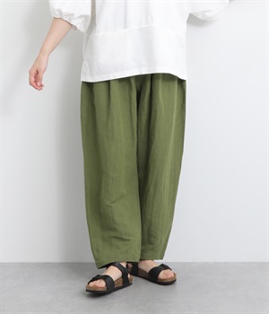 リネンコットンワッシャータックテーパードパンツ(グリーン-ONESIZE)