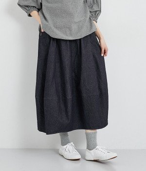 コットンリネンデニムスカート(ブルー-ONESIZE)