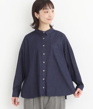 コットンライトオンスデニム後ろギャザーシャツ(ネイビー-ONESIZE)