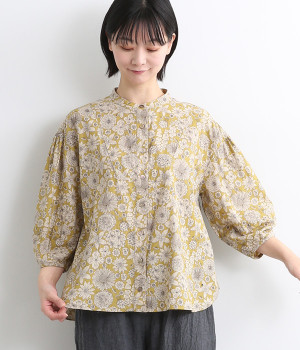 リネンコットンリバティプリントブラウス(マスタード-ONESIZE)