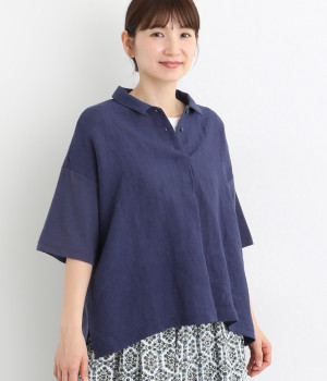 コットン天竺×リネンドッキングシャツ(ブルー-ONESIZE)