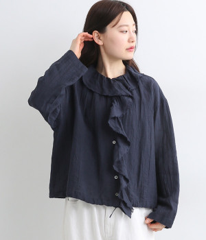 ハードワッシャーリネンフリルブラウス(ネイビー-ONESIZE)
