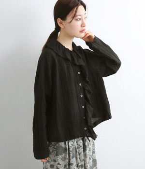ハードワッシャーリネンフリルブラウス(ブラック-ONESIZE)