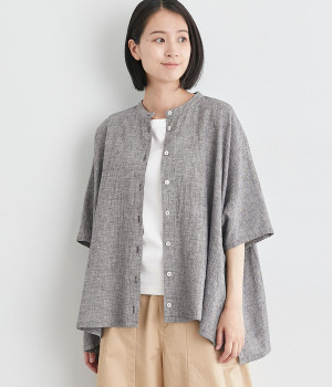 リネンコットン千鳥前開きワイドドルマンブラウス(オフ系-ONESIZE)