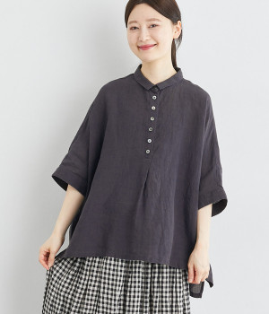 リネンワッシャーちび襟ブラウス(ネイビー-ONESIZE)