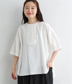 コットンリネンワッシャーダブルボタンブラウス(オフホワイト-ONESIZE)