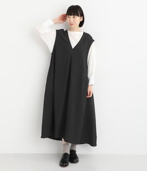 リネンヴィスコースキャンバスジャンパースカート(ブラック-ONESIZE)