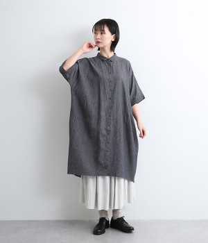 リネンコットンソフトデニム袖リブワンピース(ブルー-ONESIZE)