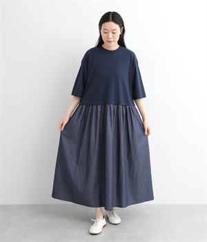 コットン天竺×4.5オンスデニムドッキングワンピース(ネイビー天竺×ブルーデニム-ONESIZE)
