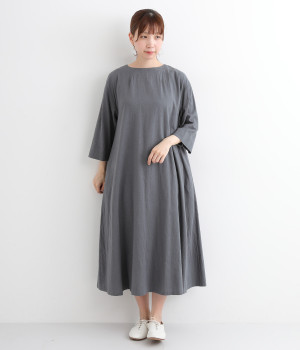 コットンヘンプキャンバスワッシャー後ろギャザーワンピース(ダークサックス-ONESIZE)