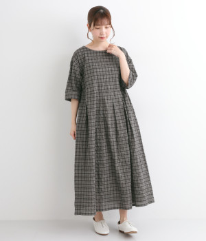 オーガニックシャーリングチェック後ろリボンワンピース(チャコール系-ONESIZE)