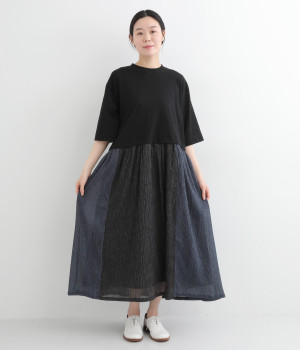 コットンソフト天竺×強撚ストライプドッキングワンピース(ブラック系-ONESIZE)