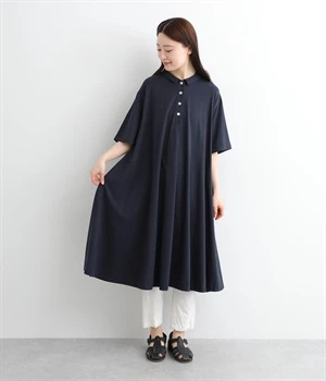 コットン度詰め天竺ポロワンピース(ネイビー-ONESIZE)